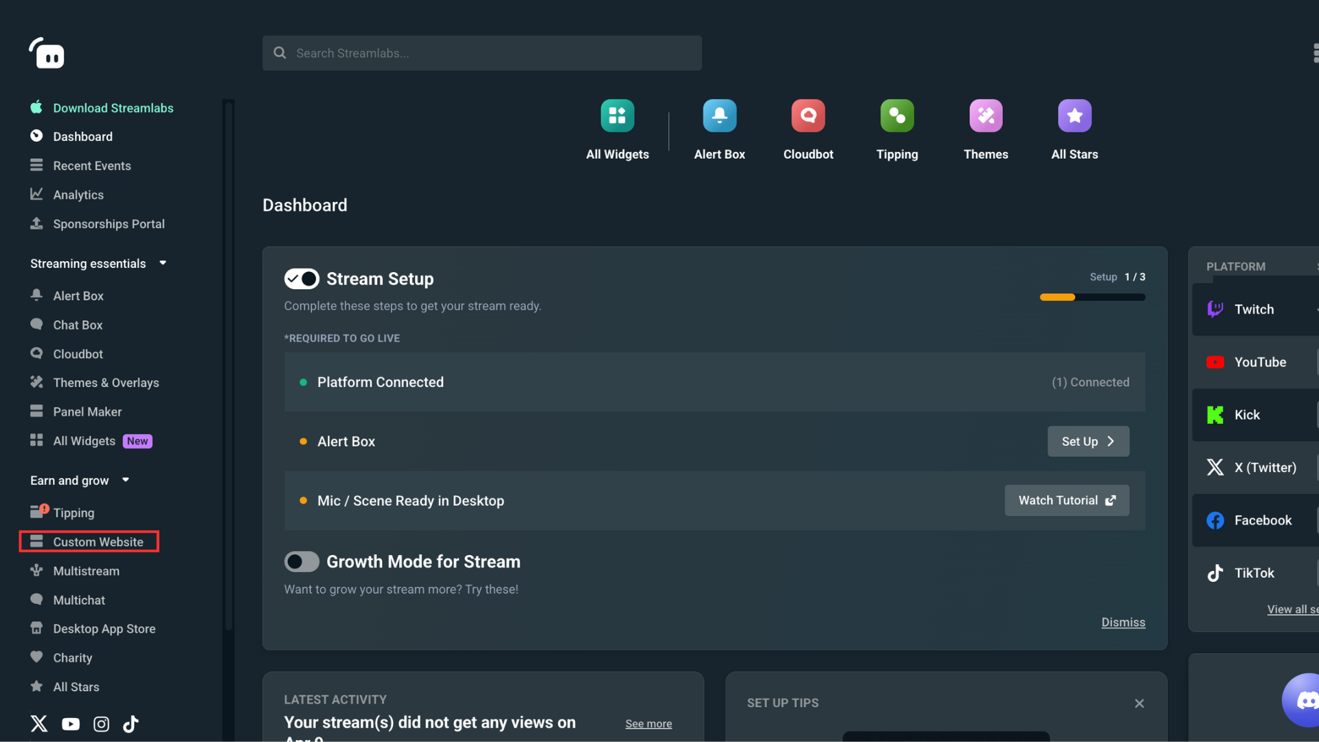 Creator sites settings in left nav of Dashboard